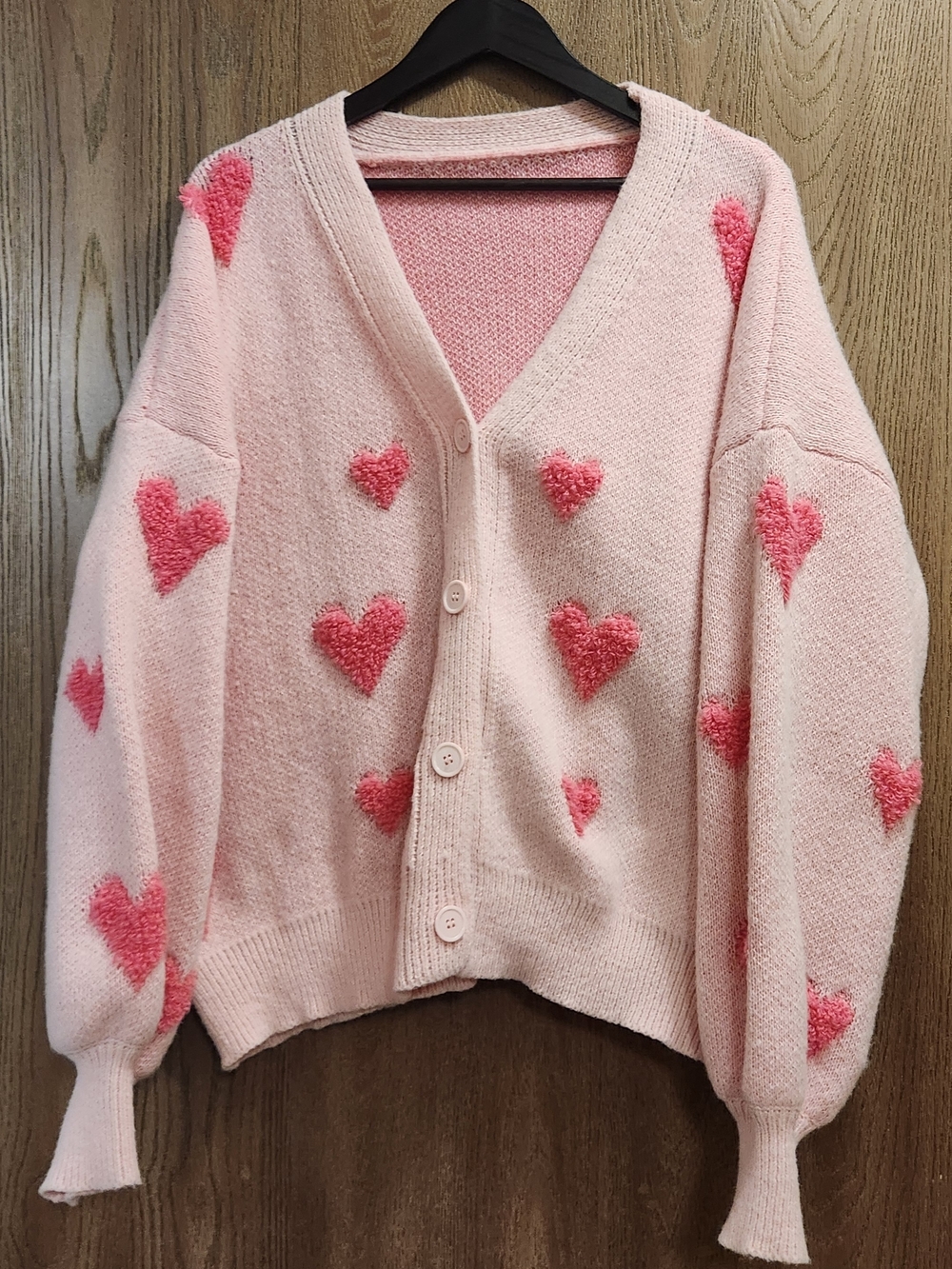 Pink Heart-Pattern V-Neck Cardigan Sweater